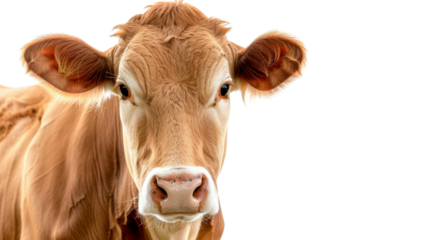 Brown cow posing on transparent background in close-up portrait