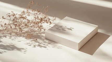 Empty white box, dried flowers on beige background with shadow. Product display concept with space for text.