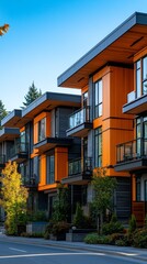 Against a backdrop of clear blue skies, striking modern apartment buildings with bold orange and grey facades stand tall. Lush greenery and stylish balconies enhance the living experience