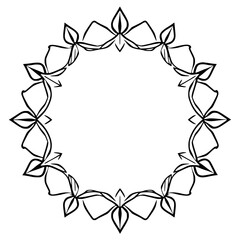 Elegant black ink circular floral frame design with symmetrical, stylized leaf and petal motifs, highlighting an open, minimalist aesthetic.