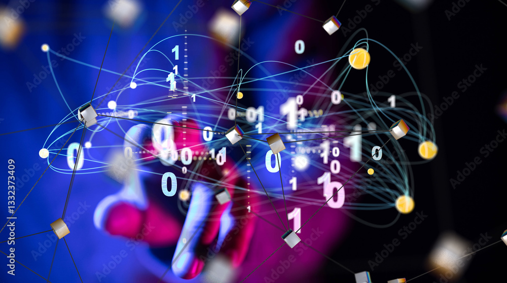 Poster Global network. Blockchain. 3D illustration. Neural networks and artificial intelligence. Abstract  3d