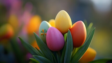 Colorful Easter eggs arranged in the shape of tulips