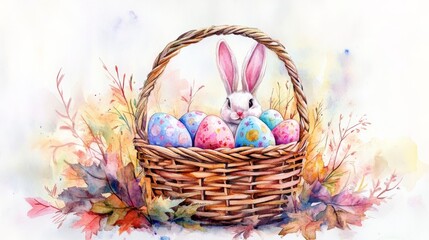 Easter bunny with easter eggs, art on canvas, holiday card