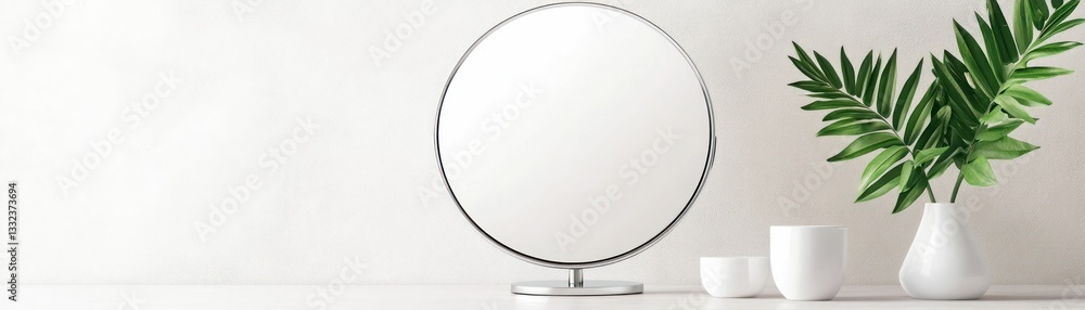 Aufkleber a minimalist setting featuring a circular mirror, green leaves, and simple candles on a clean surfac