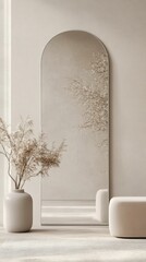 A minimalist interior scene featuring a tall mirror, a vase with dried flowers, and soft-toned furniture, creating a serene and elegant atmosphere.