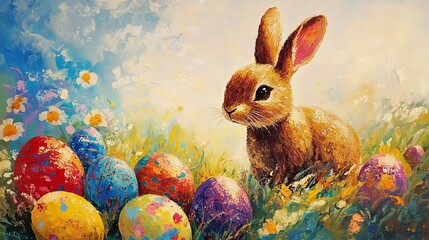 Easter bunny with easter eggs, art on canvas, holiday card