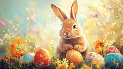 Easter bunny with easter eggs, art on canvas, holiday card