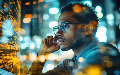 Focused Young Man Coding at Night in City Setting