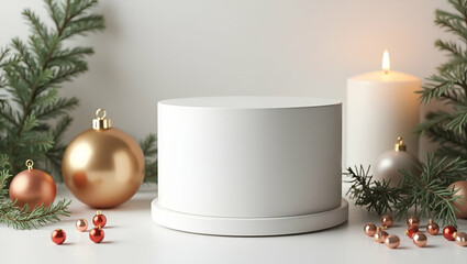Sleek Minimalist White Container with Festive Decor for Holiday Ads