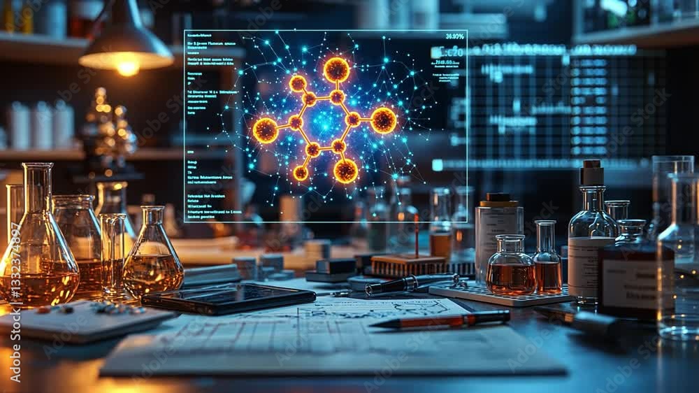 Poster advanced laboratory setup showcasing molecular structure analysis with digital interfaces