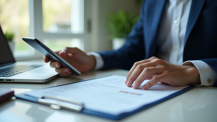 Businessman Using Tablet and Laptop for Online Individual Income Tax Return: Data Analysis and Financial Research Concept with Empty Space for Stock Photo
