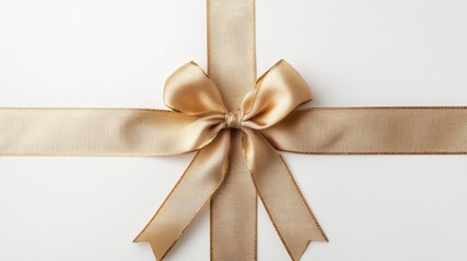 Golden ribbon and bow adorned white background feminine gift packaging