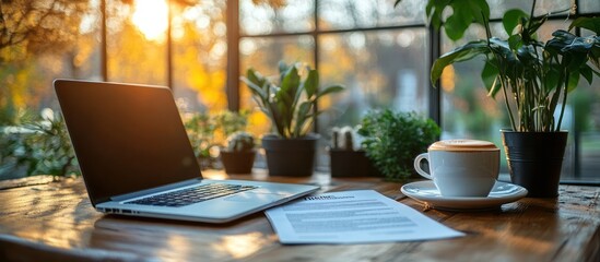 Laptop, documents, coffee, plants on wooden table by window.