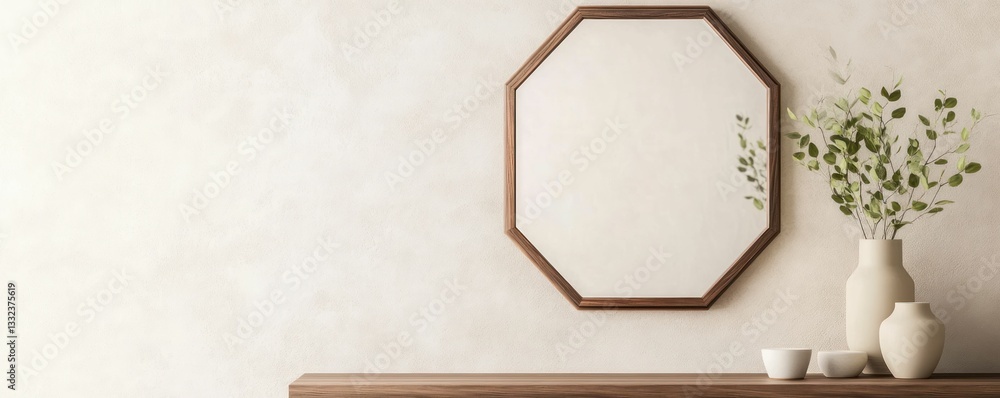 Poster a minimalist scene featuring an octagonal mirror on a wall above a wooden shelf, adorned with a simp