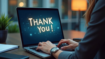 Businesswoman using laptop working online with message Thank You! on a display screen Congratulations and Business concept concept as Businesswoman using laptop displaying Thank You! message symbolizi