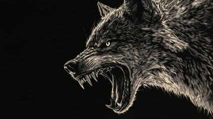 A high-contrast stippled ink illustration of a roaring wolf, its mouth open wide revealing razor-sharp fangs. Every detail of the fur is painstakingly illustrated with fine dot work, creating a rich