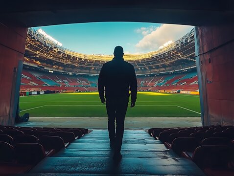A person walks toward a vast stadium with bright lights
