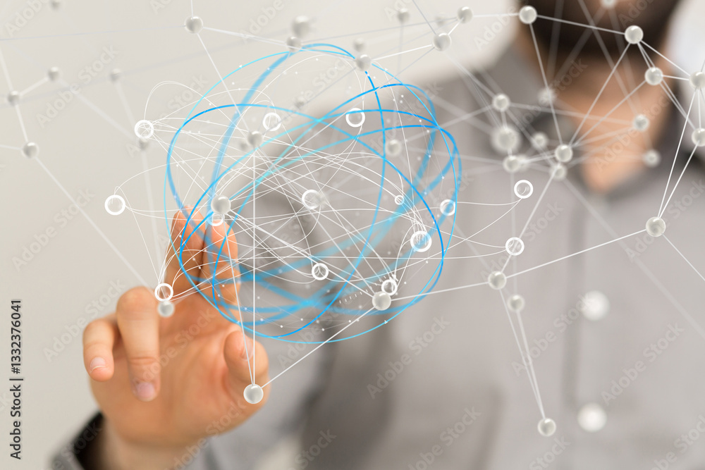 Poster Global network. Blockchain. 3D illustration. Neural networks and artificial intelligence. Abstract
