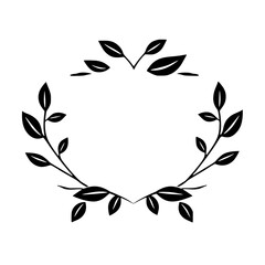 A simple, elegant, black and white floral vector illustration, featuring a symmetrical arrangement of leaves and branches forming a frame.