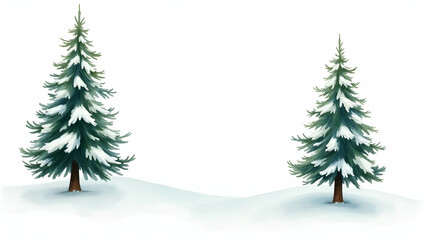Fototapeta premium Tall pine tree snow covered branches clipart watercolor illustration hand drawn white background perfect for nursery art concept as Hand drawn watercolor clipart of tall pine tree with snow covered br