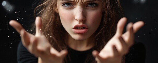 A woman looking distressed with both hands reaching forward to the viewer