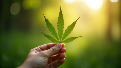 Flat Handheld cannabis leaf swaying breeze natural light eco branding connection sustainable health branding holistic product marketing synergy concept as Close up cannabis movement fosters eco friend