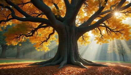 A magnificent tree with golden-yellow leaves basks in sunlight within a tranquil forest. Radiant sunbeams filter through the foliage, creating a peaceful and ethereal atmosphere