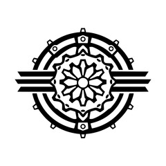 Fototapeta premium Intricate Black and White Mechanical Gear Design, Featuring Central Floral Motif, Circular Shape, and Radial Symmetry.