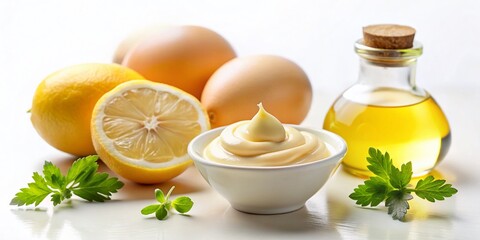 Tilt-Shift Photography of Mayonnaise Ingredients Isolated on White Background