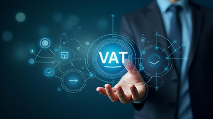 Flat Hand Operating Holographic Device to Explain VAT Rules in Europe: A Cute Vector Illustration Emphasizing Regional Compliance in Business