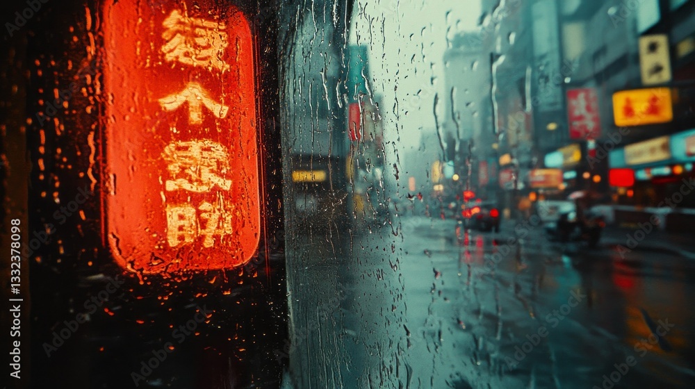Poster raindrops cascade down the windowpane, framing a bustling city outside. neon signs glow brightly as 