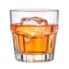 Amber Liquid in Rocks Glass with Ice Cube on White Background