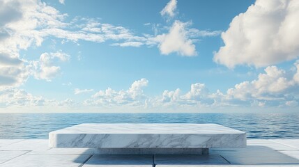 Marble table with sky and sea background for product display