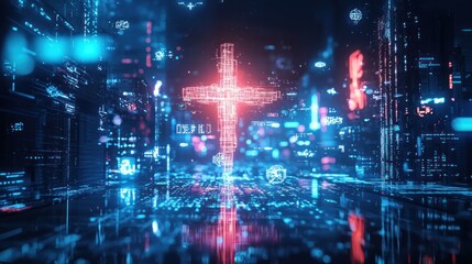 Fototapeta premium Digital Cross in a Futuristic Cityscape