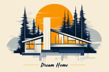 A vintage-style poster featuring a mid-century modern house with large windows and angular designs, drawn in muted tones with retro typography reading â€œDream Homeâ€