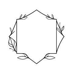 Elegant Geometric Frame Adorned with Delicate Leafy Vines in Black and White Design, Ideal for Invitations, Logos and Decor
