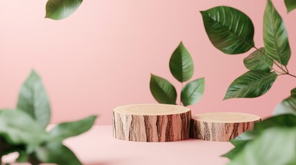 Minimal modern product display with wood slice podiums, green leaves, and pink background for showcasing new products.