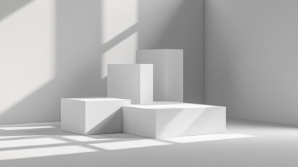 Mock podium stage with white cubes for product presentation.