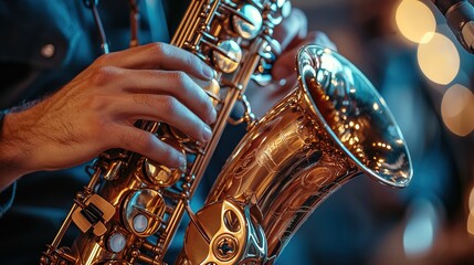 Fototapeta premium Close-Up of Hands Playing a Saxophone with Warm Lighting and Blurred Background for Jazz or Music-related Themes