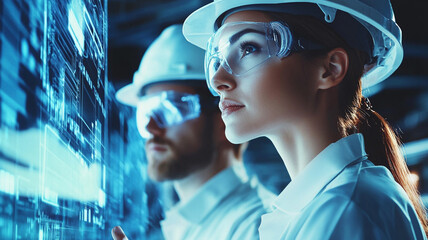 Engineers Analyzing Digital Data on a Transparent Screen in a High-Tech Laboratory Environment with Safety Gear and Focused Expressions