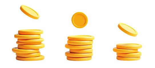 Stacks of yellow coins are depicted, with one coin in mid-air above each stack, illustrating motion and wealth.