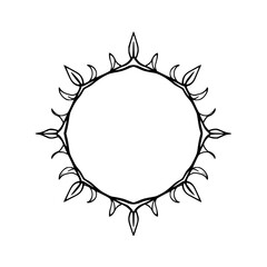 Ornate circular frame with stylized leaves and pointed elements in black ink on white background.