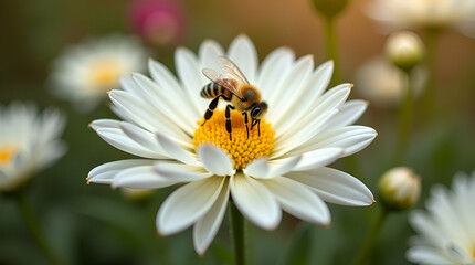 Stunning Autumn Garden: Bee Collecting Nectar from White Chrysanthemum Flowers - A Beautiful Display of Pollination and Nature's Splendor in Stock Photography with Space for Text