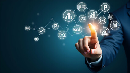 Flat Hand Pointing at Holographic SME Business Growth Icons: A Cute Vector Illustration Representing Growth Strategies and Success for Small and Medium Enterprises in a Smart Business Tone