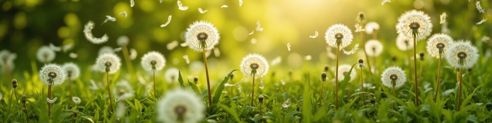 A field of white dandelions with yellow flowers in the background