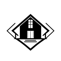 Vectorized Black and White House Logo with Geometric Frame and Minimalist Design, Featuring Doors and Windows.