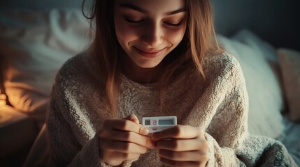 Fototapeta premium Woman smiles while holding a pregnancy test in her hands
