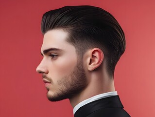 Modern slicked-back haircut with a precise low fade, high-contrast lighting for a sharp professional