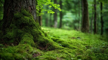 Moss-covered tree trunk in a forest setting. Ideal for product display or design template. Capturing the beauty of nature in summer and autumn.