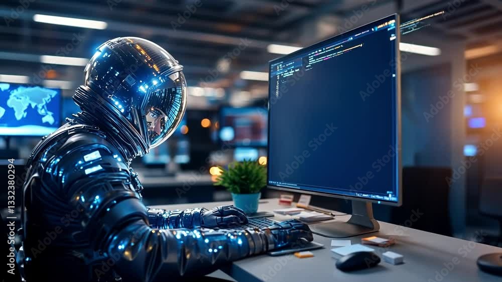Poster astronaut uses advanced technology to code in a futuristic workspace during nighttime